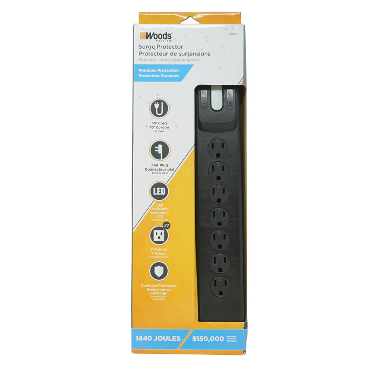 Woods Surge Protector With 7 Outlets, Resettable Overload Safety